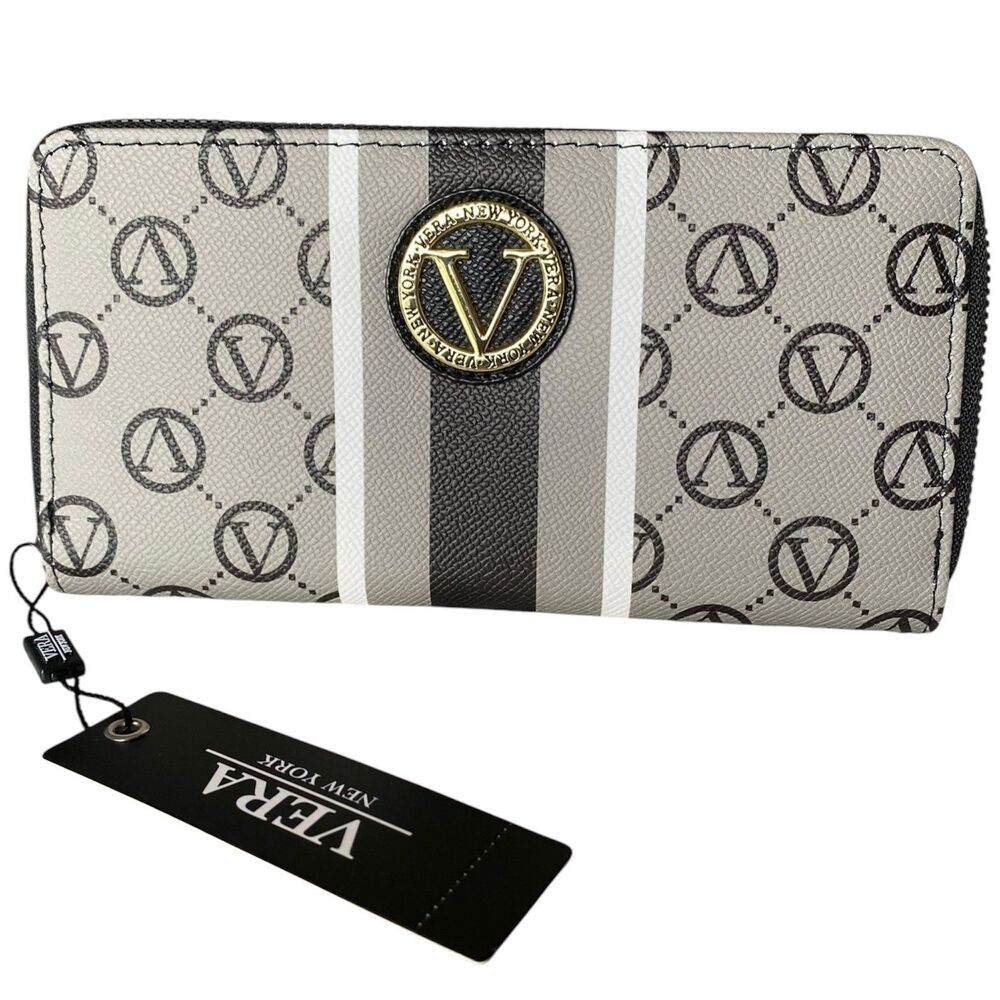 Vera Signature Womens Zip Around Wallet Black Gray New